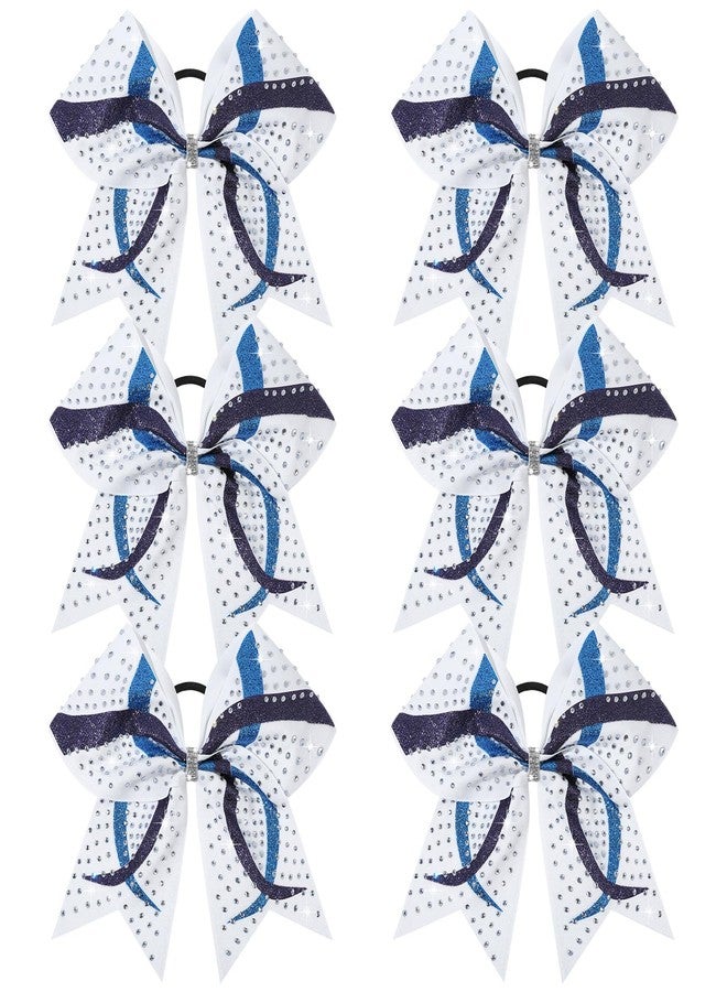 CEELGON 6PCS Full Glitter Rhinestone Cheer Bows Criss Cross Stiff Competition Large Cheerleading Hair Bows Elastic Band for Cheerleaders Girls -White/Blue/Navy - Image 1